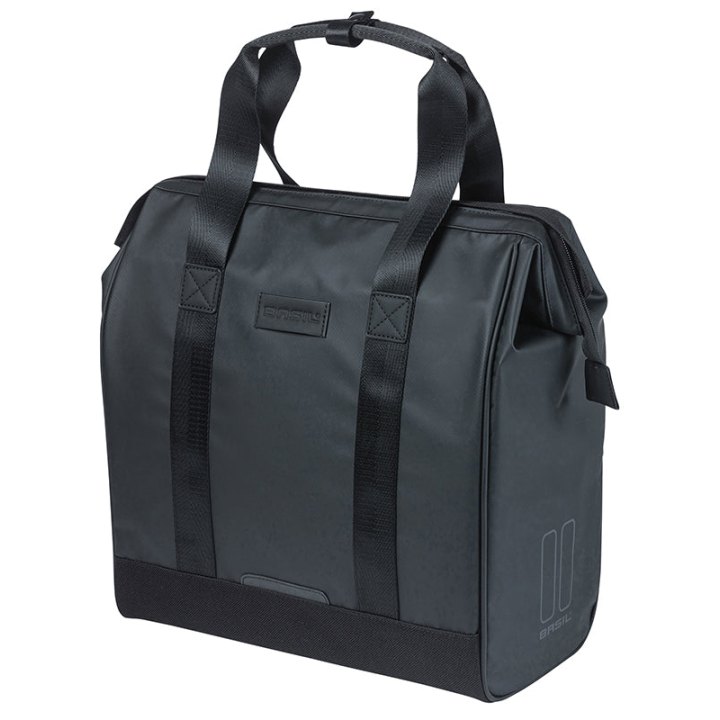 Sacoche Arrière Vélo Laterale Basil Grand Tarpaulin Shopper Noir Droit-Gauche Waterproof 23L Fixation Mik Hooks (34X19X35 cm)