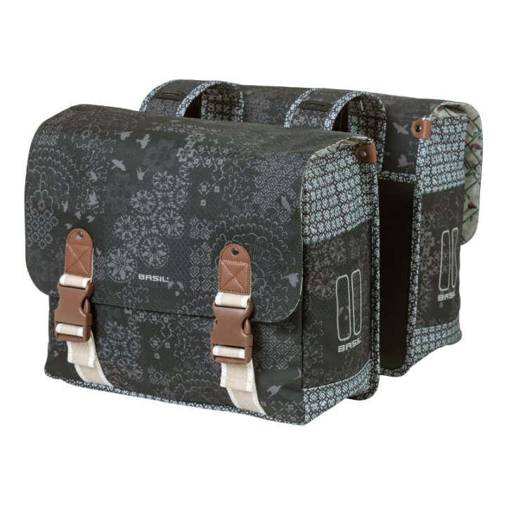 Sacoche Arrière Vélo Double Basil Boheme 35L Noir-Creme Fixation Velcros Sur Porte Bagage (37X15X37 cm)