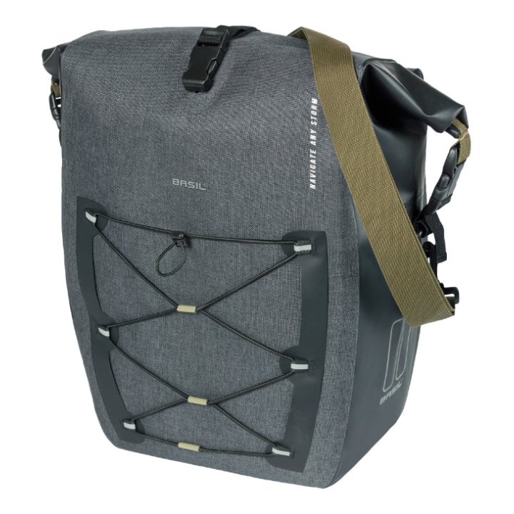 Sacoche Arrière Vélo Laterale Basil Navigator Cyclotouriste Waterproof 25-31L Noir Fixation Mik Studs Sur Porte Bagage (32X15X37 cm) Avec Poignée Et Bandouillere Fermeture Enroulement