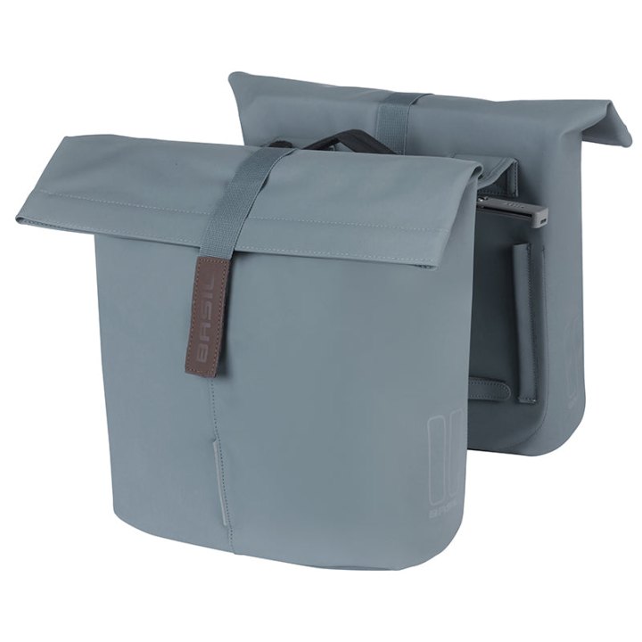 Sacoche Arrière Vélo Double Basil Vegan Bleu Imitation Cuir 28-32L Fixation Porte Bagage Fermeture Pliant Anti-Pluie Avec Reflechissant Fixation Systeme Mik (Compatible Avec 157030 Inclus)