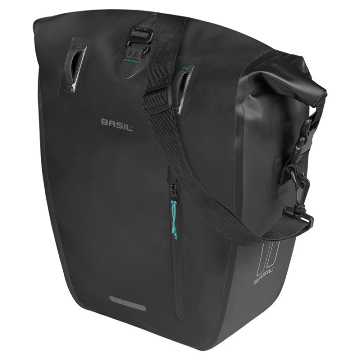 Sacoche Arrière Vélo Laterale Basil Rivo Waterproof 25-31L Noir Fixation Mik Hooks Sur Porte Bagage (43X14X28 cm) Avec Poignée Et Bandouillere Fermeture Enroulement
