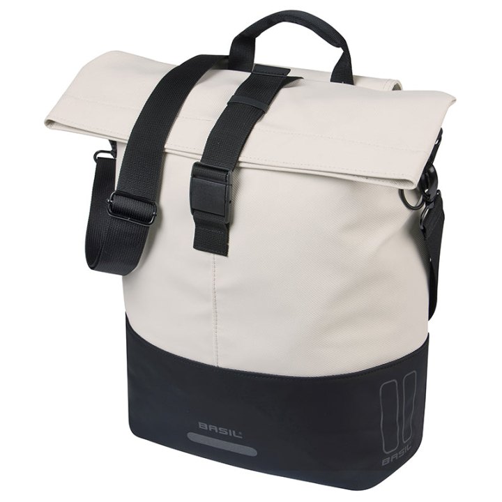 Sacoche Arrière Vélo Laterale Sac Bandouliere Basil Cove Shopper Blanc Casse-Noir Droit-Gauche 14-16L Fixation Mik Hooks Porte Bagage (36X14X29 cm) Avec Poignée Fermeture Pliante Impermeable