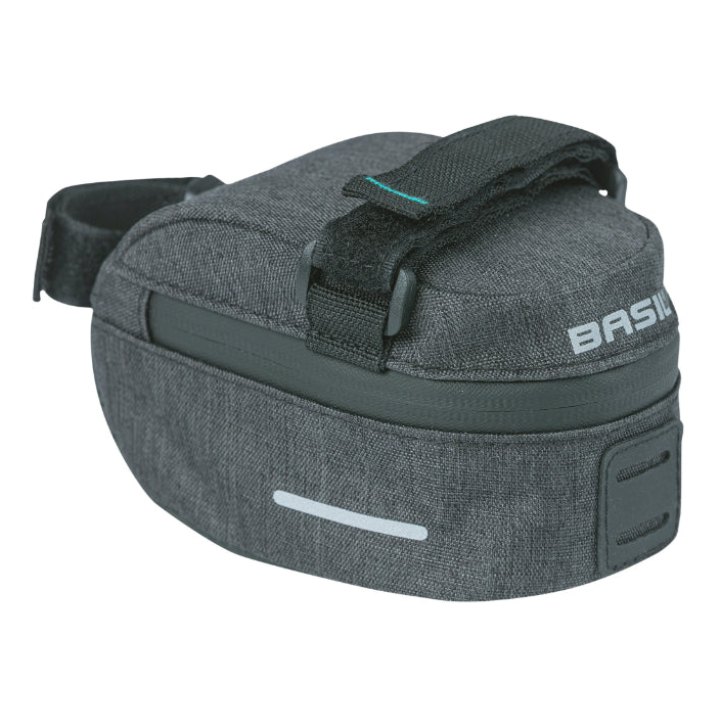 Sacoche De Selle Vélo Basil Discovery 0.5L Gris-Noir Fixation Sangles Sur Chariot De Selle Polyester Impermeable Avec Housse Anti-Pluie