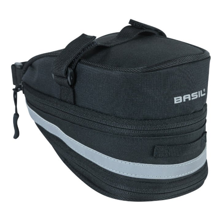 Sacoche De Selle Vélo Basil Mada 1L Noir Fixation Sangles Sur Chariot De Selle Avec Soufflet