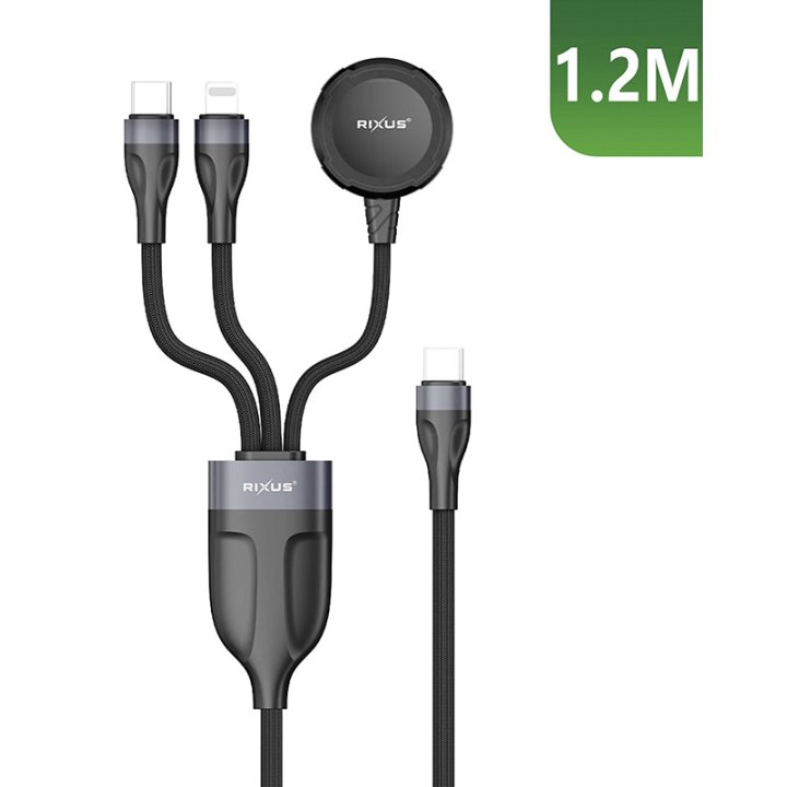 Câble De Chargement Usb-C 3 En 1 Avec Station De Charge Magnetique Pour Montre12W, Câble Usb-C 15W, Câble Pour Apple Lightning 15W Rixus Noir 1,20M 5V Vendu A L'Unite) -Rxuc31-