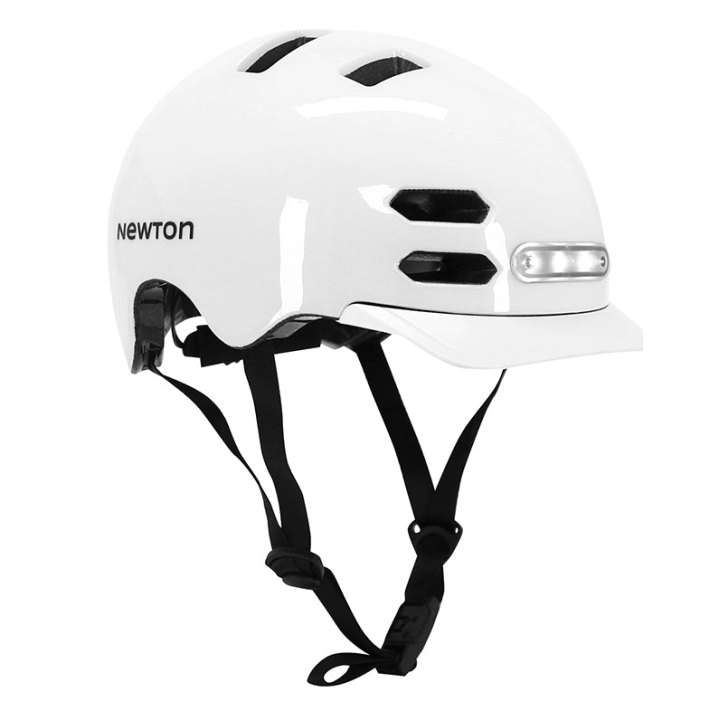 Casque Vélo Adulte Newton Urbain-City V4 Blanc Brillant In-Mold Avec Visiere Taille 58-61 (Vendu En Boite) Éclairage Intégré Discret Boucle Fidlock